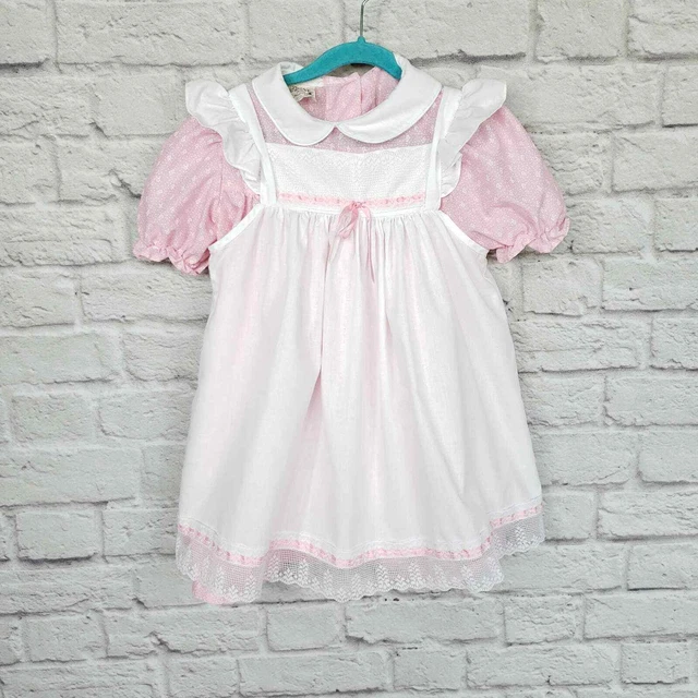 VTG Pink White Floral Pinafore Dress Short Sleeve Party Easter Sunday Best Sz 6X