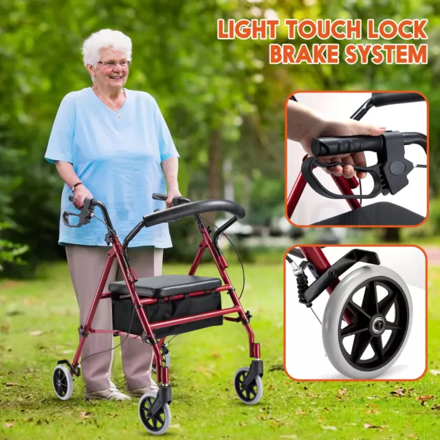 4 Wheel Rollator Walker with Seat Lightweight for Seniors Walking Rolling Red