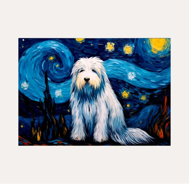 Old English Sheepdog Dog in Starry Night Poster Print A3 Size