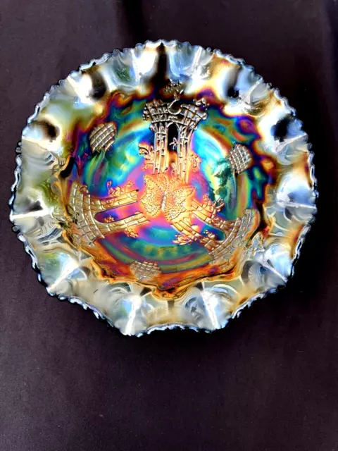 Crown Crystal Australian Butterfly and Bower 6 1/2" Footed Ruffled Carnival Bowl