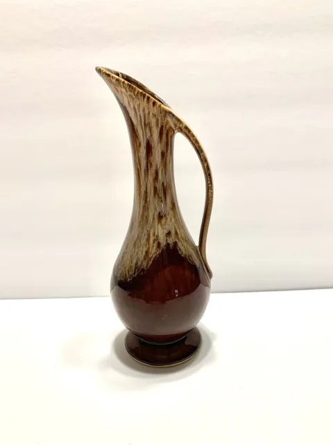 Vintage 8" USA Art Pottery Brown Drip Glaze Pitcher Bud Vase Ewer With Handle