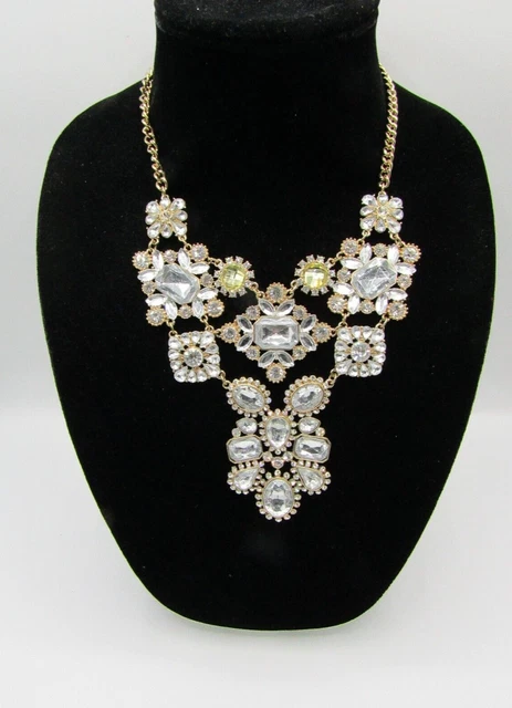 Charming Charlie Clear/Yellow Lucite Rhinestone Gold Tone Bib Statement Necklace