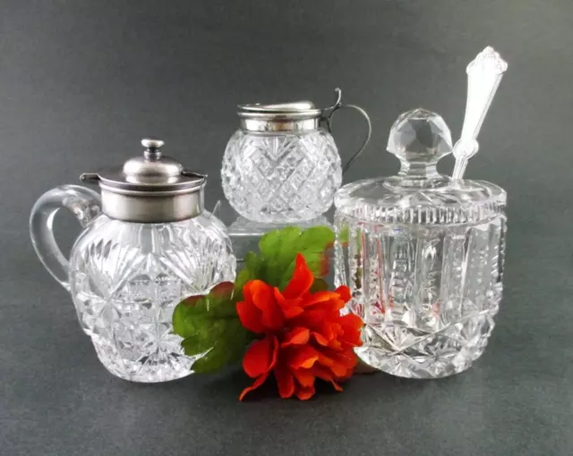 3 ABP Cut Glass MUSTARD POTS + antique "JEWELL" Mustard SPOON c.1882