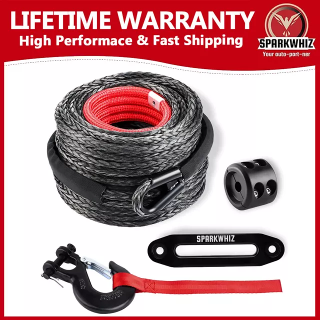 25000LBS 100FT Synthetic Winch Rope Winch Line Rope Cable w/ Steel Hook for 4WD