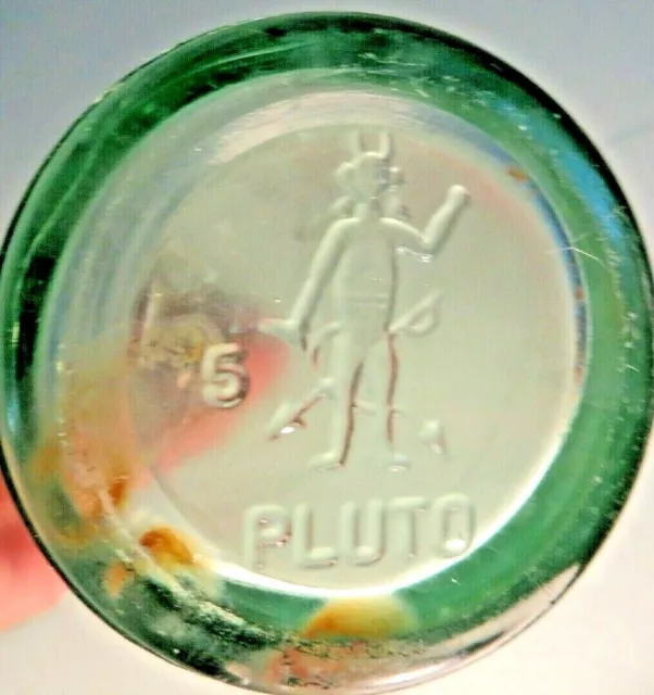 Pluto water America's Physic embossed devil figure green glass measure lines