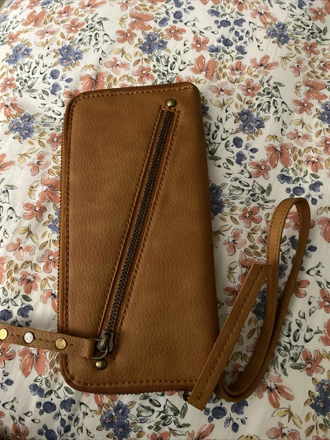 Free People Brown Wallet, Distressed Vegan Wristlet Strap Zip Close Clutch