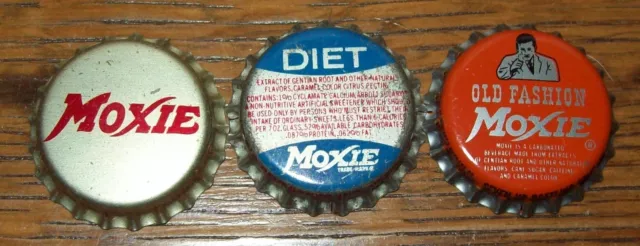 Lot of 3 different Vintage Moxie Unused Soda Pop Bottle Caps Silver, Diet, Man