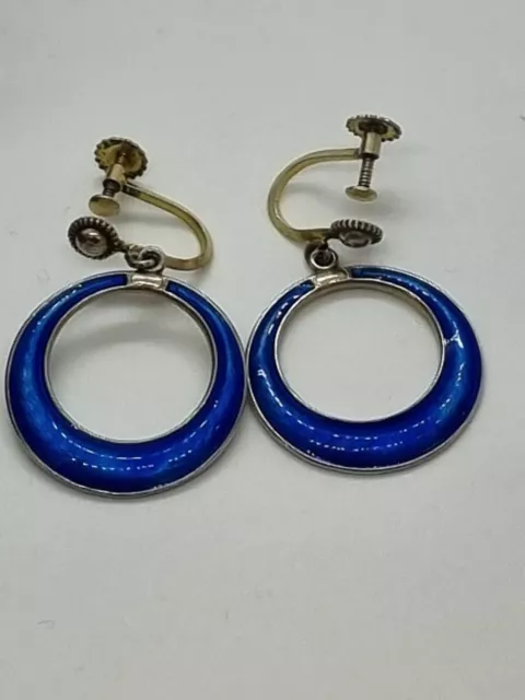 (170) Sterling Silver/925 Ivar Holt Guilloche Enamel Screw Back Earrings Blue