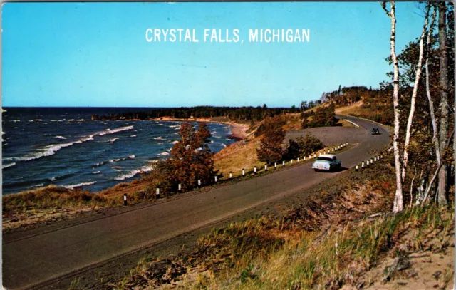 Crystal Falls MI- Michigan, Aerial View Highway, Vintage Postcard