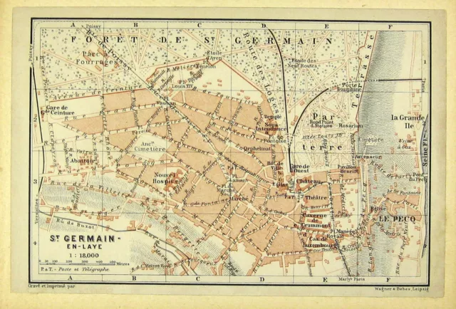 ST. GERMAIN EN LAYE, alter farbiger Stadtplan, gedruckt ca.1900