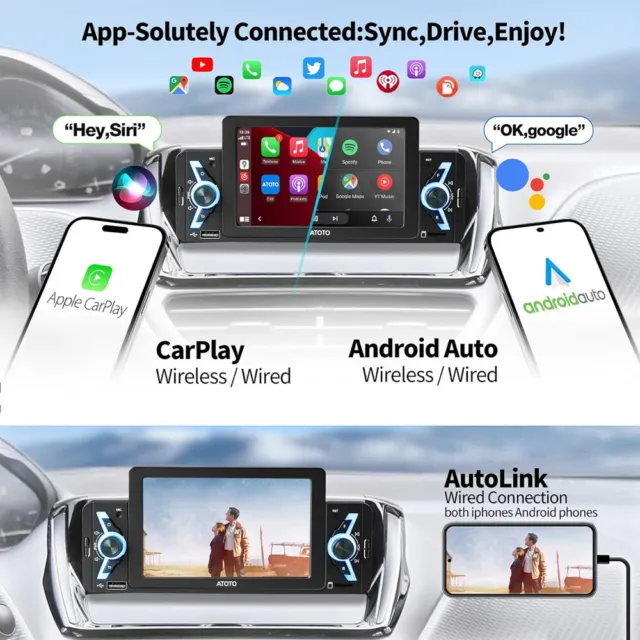 ATOTO Wireless Android &CarPlay Car Radio Single Din 5" GPS NAVI Head Unit FM/AM 2