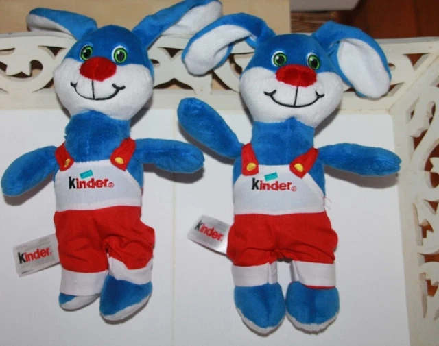 Doudou Peluche Kinder Lapin Bleu Blanc  Salopette Rouge Poils Ras Lot 2 Neuf