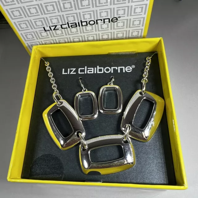 Liz Claiborne Silver Tone Modernist  Necklace Earrings Jewelry Set