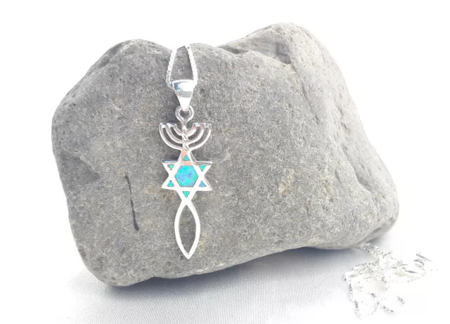 Sterling Silver necklace&pendant Menorah Star David&Fish Opal.Messianic Grafted