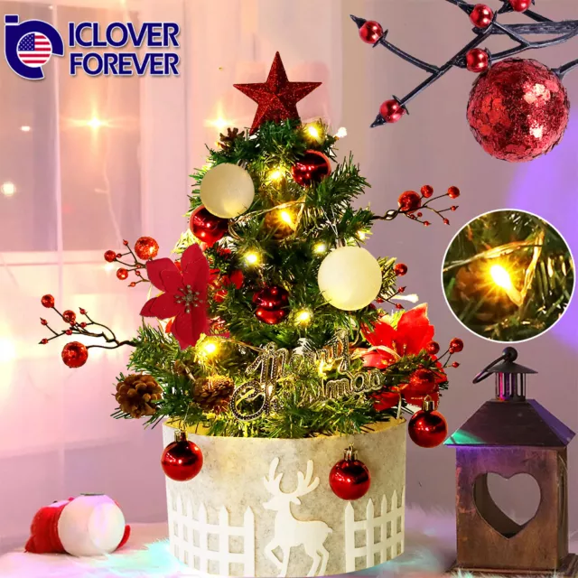 2ft Small Table Top Christmas Tree Mini Artificial Xmas With Lights & Ornaments