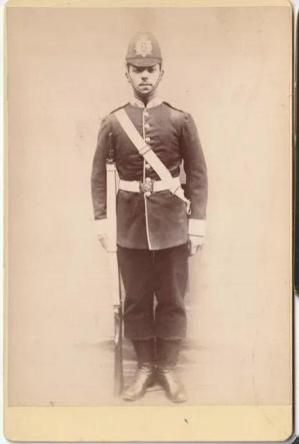 Manchester Regiment: Helmet, Collar Badges & Rifle. Victorian Cabinet Card Photo
