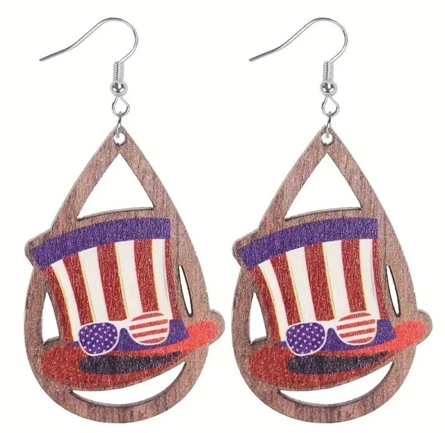 Patriotic Uncle Sam USA Flag Top Hat Wooden Earrings