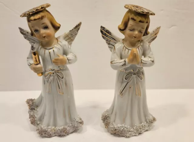 Vintage RARE Geo Lefton White Angels Pair 2 Figurine Christmas Holiday Decor