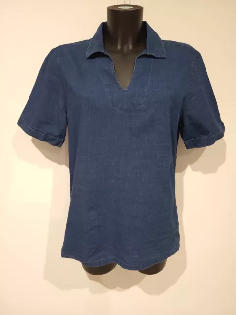 Blusa para mujer Zara talla pequeña azul chambray manga corta cuello camiseta