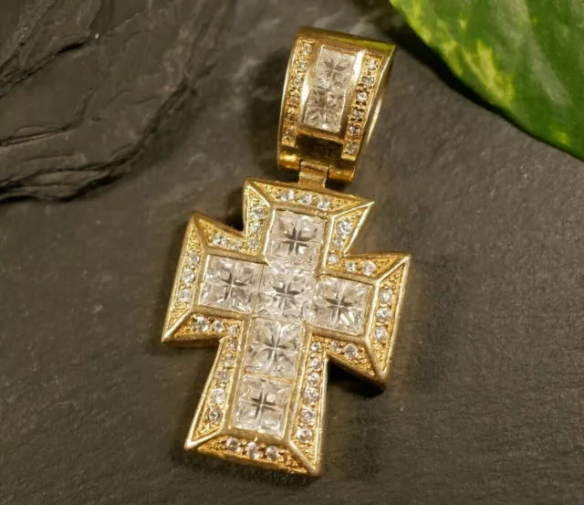 Ausgefallener 925 Sterling Silber Anhänger Kreuz  Glaube Vergoldet Zirkonia