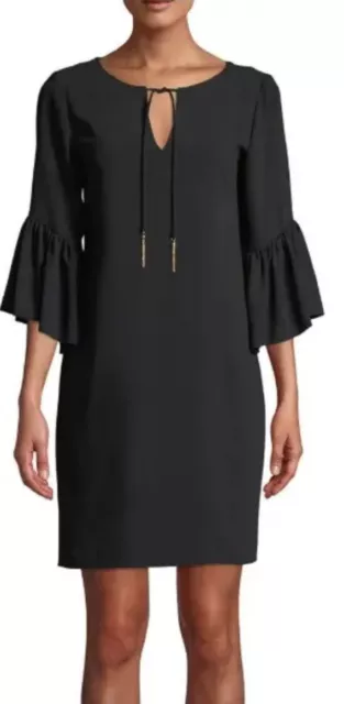 Trina Turk black flutter bell  sleeve tie neck gold tassel shift dress. M. NWT