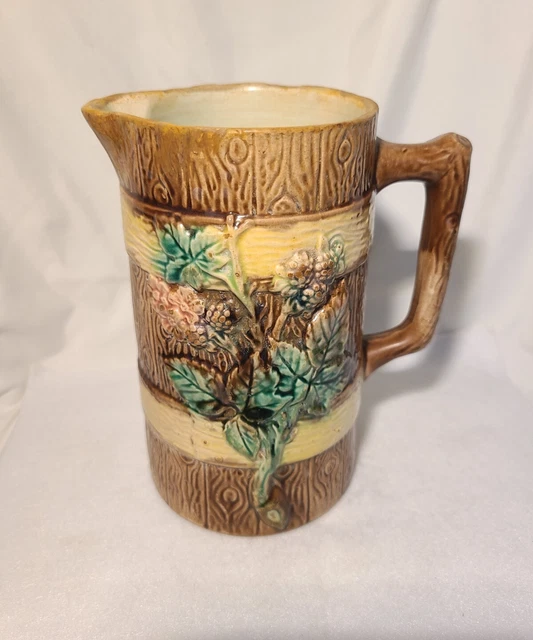1800s Antique Majolica Milk Pitcher Etruscan era Tree Bark pattern Old