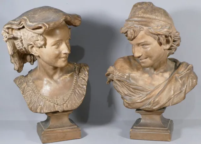 Le Rieur Et La Rieuse Napolitain, Rare Paire De Bustes d'Après Carpeaux En Terre