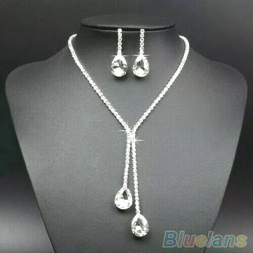 Silver Necklace And Earring Set Sparkling Crystal Rhinestones Teardrop Wedding
