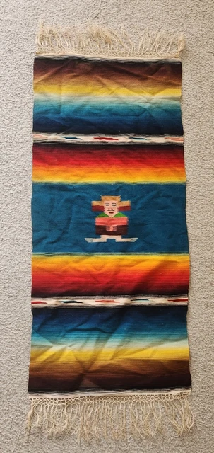 Vintage Woven Serape Mexican TABLE MAT 38x17" Vibrant Blue Red Yellow Black