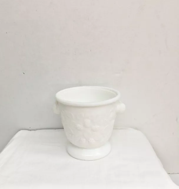 Vintage Antique Milk Glass Urn White Pedestal Base Raise Leaf Design Vase 4 1/4"