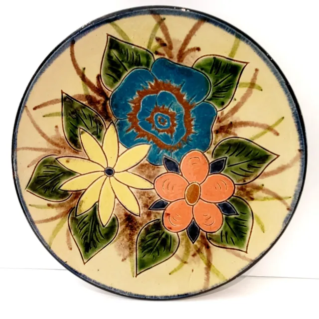 Rare 9" Wall Art Hang Plate Floral Hand Painted Redware Pottery Majolica  P5