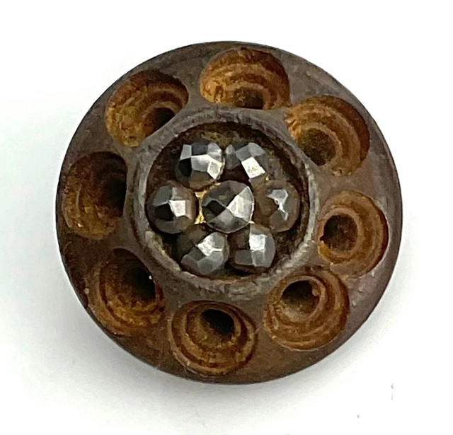 Antique Pierced Wood Metal Cut Steel Floret Small Old Button
