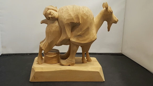 Vtg Wood Hand Carved Woman Milking a Goat Original Label Denmark 7" Signed