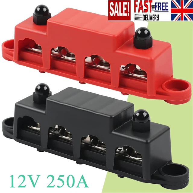 Bus Bar 250A 12V stroomverdelingsblok met 3/8 (M10) 4-polig terminalblok met afdekking voor automotive, marine, batterijsysteem (Zwart & Rood