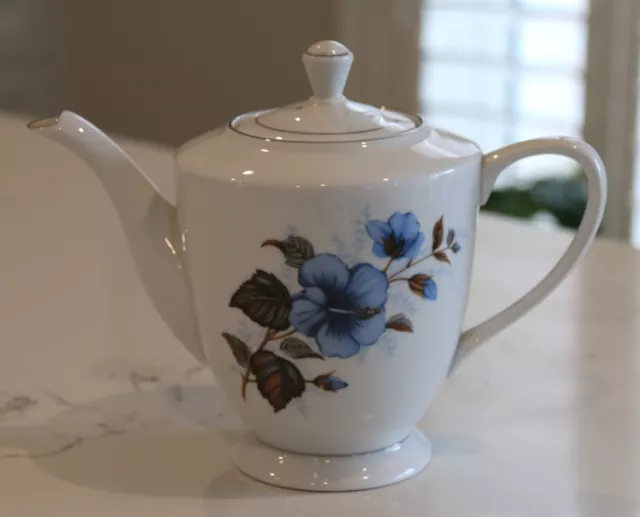 Pretty Vintage Made in China Tea Pot - Blue Hibiscus Flowers - Silver Trim -