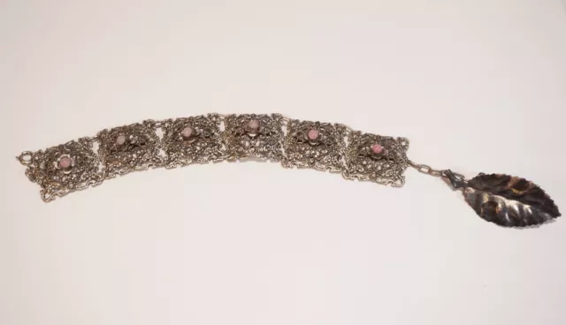 Vintage Silvertone Costume Bracelet Gorgeous Decorated with Pink Beads