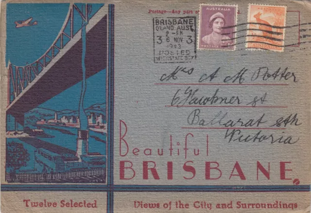 Stamp Australia 1d brown queen uprated on 12 view postcard Brisbane Queensland