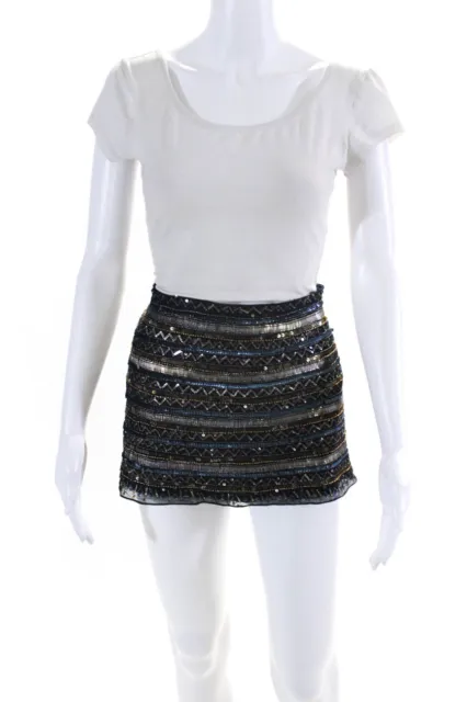 Parker Womens Side Zip Sequin Beaded Striped Silk Mini Skirt Navy Blue Small