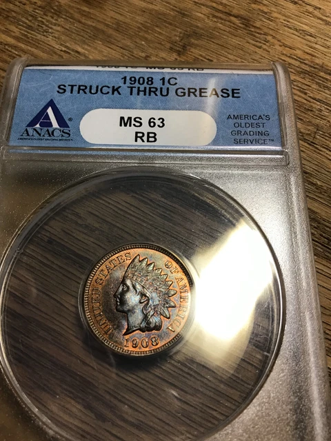 1908 Indian Head Cent - Strike Thru Grease  ANACS MS63RB  - Nice *Look!*