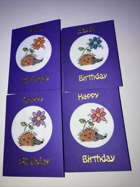 Birthday Cards / Hedgehog / set of 4 - made from cross stitch