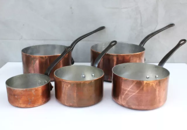 French Copper Pans Set of Five Saucepans and Iron Handles, Marked Havard