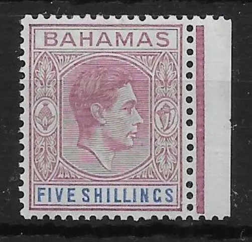 BAHAMAS SG156a 1942 5/= DULL ROSE-LILAC & BLUE THIN STRIATED PAPER MTD MINT