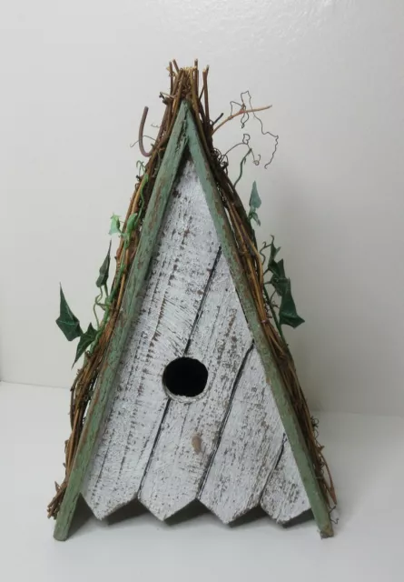 Decorative Rustic Wood Birdhouse with Ivy Green and White