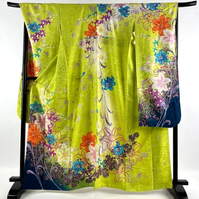 Japanese kimono SILK"FURISODE" long sleeves,Roses. Lilies, Foil,L5' 7"..3320