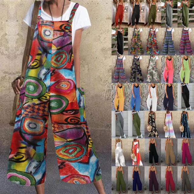 Womens Summer Strappy Dungaree Jumpsuits Overalls Boho Wide Leg Pants Playsuits