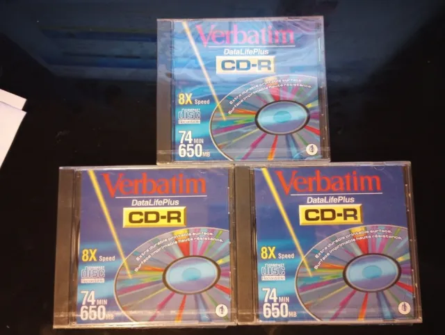 Verbatim Data Life Plus CD-R 74min 650mb Compact Disc Recordable Set Of 3 - New