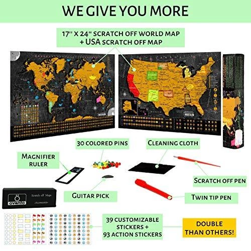 Scratch Off World Map Poster - 17x24 Inches - Bonus United States Map with