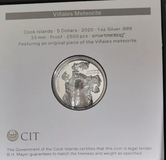 2020 VINALES Meteorite Impact 1oz Silver PROOF Cook Islands Coin Boxed COA