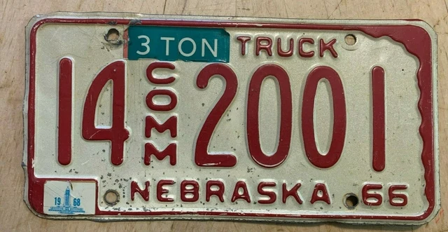 1966 1968 Nebraska 3 Ton Commercial Truck License Plate " 14 2001 " Ne 66 68