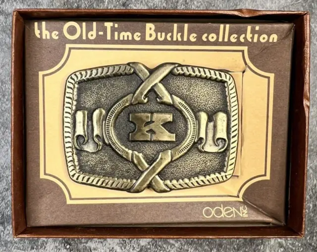 Vintage 1970s Letter K - Initial Monogram belt buckle by Oden, In Box